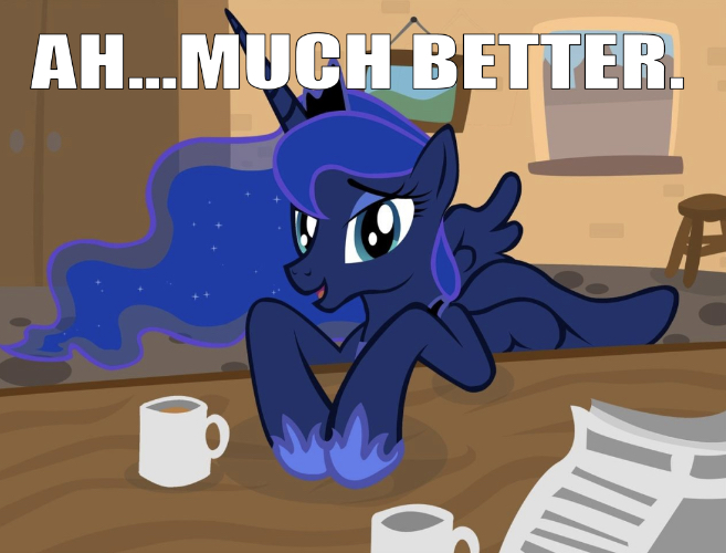 Size: 657x500 | Tagged: alicorn, alternate version, bust, cafe, coffee, coffee mug, derpibooru import, edit, edited screencap, editor:undeadponysoldier, female, mare, meme, mug, newspaper, on table, portrait, princess luna, safe, screencap, solo, stool, table, text, window