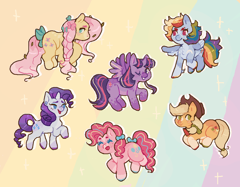 Size: 1000x780 | Tagged: safe, artist:forestfolke, derpibooru import, applejack, fluttershy, pinkie pie, rainbow dash, rarity, twilight sparkle, twilight sparkle (alicorn), alicorn, butterfly, earth pony, pegasus, pony, unicorn, alternate design, alternate hairstyle, bow, braid, colored hooves, cowboy hat, cute, dashabetes, diapinkes, dock, eyes closed, female, hair bow, hat, image, jackabetes, mane six, mare, no pupils, one eye closed, open mouth, png, profile, raribetes, redesign, shyabetes, tail bow, twiabetes, twitterina design, two toned wings, wings, wink