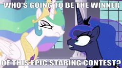 Size: 666x372 | Tagged: safe, derpibooru import, edit, edited screencap, editor:undeadponysoldier, screencap, princess celestia, princess luna, alicorn, pony, a royal problem, angry, canterlot throne room, crown, female, intense, intense stare, jewelry, looking at each other, mare, meme, regalia, royal sisters, sibling rivalry, staring contest, tired