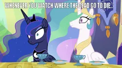 Size: 667x376 | Tagged: alicorn, caption, castle, crown, derpibooru import, edit, edited screencap, editor:undeadponysoldier, female, gauntlet of fire, goblet, image macro, jewelry, jimmy screamerclauz, mare, plate, princess celestia, princess luna, regalia, regret, safe, scarred for life, screencap, text, twilight's castle, where the dead go to die