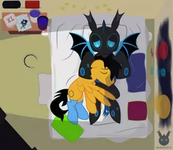 Size: 1466x1275 | Tagged: safe, artist:wheatley r.h., derpibooru import, oc, oc:rito, oc:w. rhinestone eyes, unofficial characters only, changeling, pegasus, pony, bat wings, bed, bedroom, bedroom eyes, blue changeling, changeling oc, clothes, collar, eyes closed, glass, glass of water, hair, hair over one eye, horn, hug, laying on bed, messy tail, neck fluff, nintendo ds, on bed, paint, paper, pegasus oc, pegasus wings, pillow, psp, scissors, single panel, sleeping, smiley face, smiling, socks, spiked collar, spread wings, table, tail, vector, watermark, winghug, wings