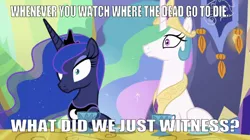 Size: 668x373 | Tagged: alicorn, alternate version, caption, castle, crown, derpibooru import, edit, edited screencap, editor:undeadponysoldier, female, gauntlet of fire, goblet, image macro, jewelry, jimmy screamerclauz, mare, plate, princess celestia, princess luna, regalia, regret, safe, scarred for life, screencap, text, twilight's castle, where the dead go to die