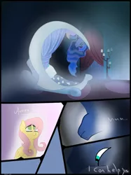 Size: 2197x2930 | Tagged: safe, artist:alltheworldbronyf, derpibooru import, fluttershy, princess luna, pony, aurora borealis, aurora borealis in hair, comic, dialogue, duo, green eyes, lightning, luna's room, shadow, sleeping, solo, talking, wings