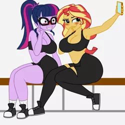 Size: 1900x1900 | Tagged: suggestive, artist:mashoart, derpibooru import, sci-twi, sunset shimmer, twilight sparkle, equestria girls, armpits, big breasts, black bra, black underwear, breasts, broken spine, busty sci-twi, busty sunset shimmer, busty twilight sparkle, cleavage, clothes, converse, female, females only, selfie, shoes, smiling, sneakers, the ass was fat, underwear, what's a spine?