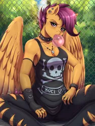 Size: 1800x2400 | Tagged: adult, anthro, artist:evomanaphy, badass, bracelet, breasts, bubblegum, busty scootaloo, choker, cleavage, clothes, cutie mark necklace, derpibooru import, ear piercing, eyeliner, eyeshadow, female, fingerless gloves, fishnets, food, gloves, gum, implied rainbow dash, jeans, jewelry, lidded eyes, lip piercing, makeup, nail polish, necklace, older, older scootaloo, open mouth, pants, pegasus, piercing, punk, safe, scootaloo, solo, spiked choker, tanktop, torn clothes