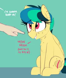 Size: 1286x1505 | Tagged: safe, artist:shinodage, derpibooru import, oc, oc:apogee, unofficial characters only, pegasus, pony, chest fluff, cute, descriptive noise, diageetes, dialogue, disembodied hand, eye clipping through hair, eyelashes, female, filly, freckles, hand, horse noises, imminent bite, imminent boop, language barrier, neigh, ocbetes, offscreen character, offscreen human, pointing, simple background, smiling, this will end in pain