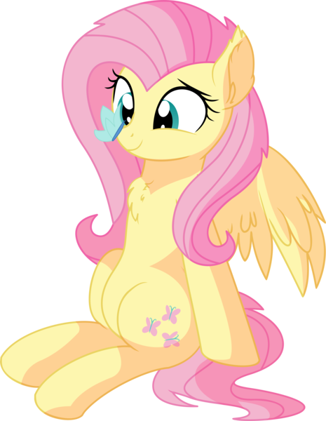 Size: 6106x7875 | Tagged: safe, artist:cyanlightning, derpibooru import, fluttershy, butterfly, pegasus, pony, .svg available, absurd resolution, blushing, butterfly on nose, chest fluff, cross-eyed, cute, ear fluff, female, insect on nose, mare, shyabetes, simple background, sitting, smiling, solo, spread wings, transparent background, vector, wing fluff, wings
