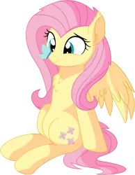 Size: 6106x7875 | Tagged: safe, artist:cyanlightning, derpibooru import, fluttershy, butterfly, pegasus, pony, .svg available, absurd resolution, blushing, butterfly on nose, chest fluff, cross-eyed, cute, ear fluff, female, insect on nose, mare, shyabetes, simple background, sitting, smiling, solo, spread wings, transparent background, vector, wing fluff, wings