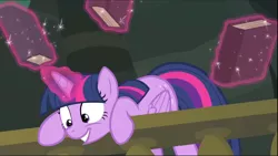 Size: 1368x771 | Tagged: safe, derpibooru import, screencap, twilight sparkle, twilight sparkle (alicorn), alicorn, equestria girls, equestria girls series, forgotten friendship, balcony, book, cropped, cute, excited, glowing horn, horn, levitation, magic, solo, telekinesis, twiabetes, wide eyes