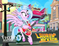 Size: 2048x1585 | Tagged: safe, artist:pixelkitties, derpibooru import, coco pommel, silverstream, spike, classical hippogriff, dragon, hippogriff, pony, 1950s, back to the future, delorean, electric guitar, everfree northwest, female, guitar, lauren jackson, male, mare, musical instrument, parody, pixelkitties' brilliant autograph media artwork