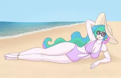 Size: 1280x830 | Tagged: suggestive, artist:rapps, derpibooru import, princess celestia, equestria girls, arm behind head, armpits, beach, breasts, cleavage, clothes, ear piercing, earring, female, hat, jewelry, looking at you, lying, navel cutout, one-piece swimsuit, open-back swimsuit, piercing, pinup, pouting, principal celestia, smiling, solo, solo female, stupid sexy celestia, sunglasses, swimsuit, toe ring