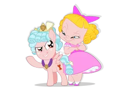 Size: 1936x1400 | Tagged: safe, artist:squipycheetah, derpibooru import, cozy glow, human, pegasus, pony, school raze, adorabolical, bow, cats don't dance, clothes, cozybetes, crossover, crown, cute, darla dimple, dress, duo, evil, evil grin, eye contact, female, filly, freckles, grin, hair bow, happy, jewelry, looking at each other, looking back, raised hoof, regalia, simple background, slasher smile, smiling, spread wings, transparent background, watermark, wings