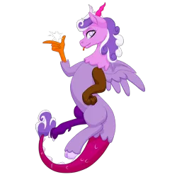 Size: 2500x2500 | Tagged: safe, artist:glacierfrostclaw, derpibooru import, screwball, draconequus, draconequified, female, finger snap, floating, species swap, tongue out, xk-class end-of-the-world scenario