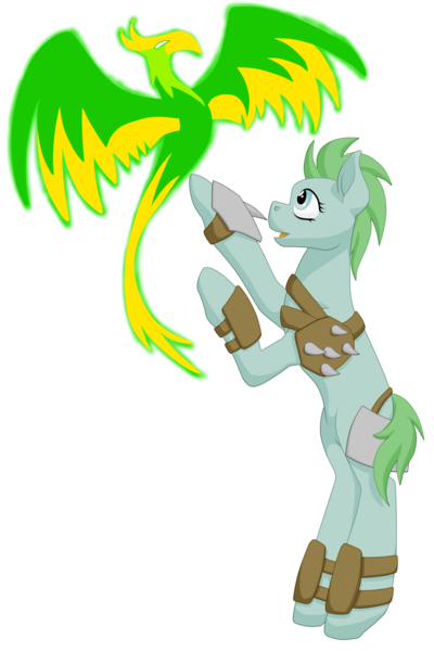 Size: 1333x2000 | Tagged: safe, artist:glacierfrostclaw, derpibooru import, oc, oc:blaze, oc:dodo, balefire phoenix, earth pony, phoenix, pony, fallout equestria, fanfic, armor, fanfic art, female, flying, hooves, mare, open mouth, raider, simple background, solo, standing up, transparent background