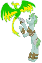 Size: 1333x2000 | Tagged: safe, artist:glacierfrostclaw, derpibooru import, oc, oc:blaze, oc:dodo, balefire phoenix, earth pony, phoenix, pony, fallout equestria, fanfic, armor, fanfic art, female, flying, hooves, mare, open mouth, raider, simple background, solo, standing up, transparent background