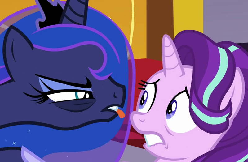 Size: 851x557 | Tagged: safe, derpibooru import, screencap, princess luna, starlight glimmer, alicorn, pony, unicorn, a royal problem, bags under eyes, biting, cropped, female, lip bite, mare, tongue bite, tongue out