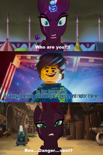 Size: 682x1024 | Tagged: safe, artist:negaboss2000, derpibooru import, edit, edited screencap, screencap, grubber, tempest shadow, pony, my little pony: the movie, caption, crossover, image macro, lego, rex dangervest, spoilers for another series, text, the lego movie, the lego movie 2: the second part