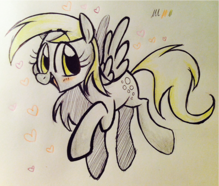 Size: 938x795 | Tagged: safe, artist:kluzart, derpibooru import, derpy hooves, pegasus, pony, colored pencil drawing, cute, derpabetes, female, flying, heart, looking at you, mare, open mouth, simple background, smiling, solo, traditional art, white background