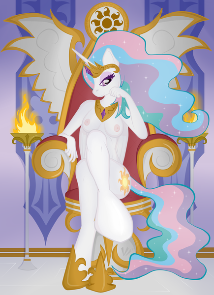 Size: 1200x1656 | Tagged: alicorn, anthro, areola, artist:virenth, breasts, crossed legs, derpibooru import, female, fetish, hoof fetish, hoof shoes, jewelry, looking at you, nipples, nudity, offscreen character, pov, princess celestia, questionable, regalia, solo, solo female, submissive pov, throne, throne room, throne slouch, unguligrade anthro