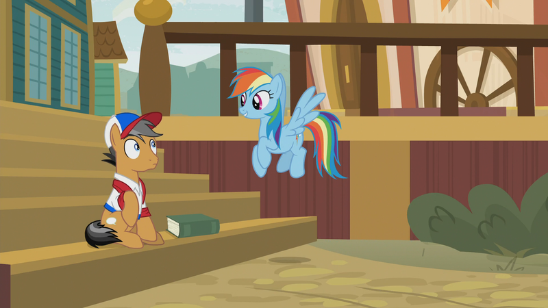 Size: 1920x1080 | Tagged: safe, derpibooru import, screencap, quibble pants, rainbow dash, earth pony, pegasus, pony, common ground, animation error, appleloosa, book, cap, duo, female, hat, male, mare, stallion, towel