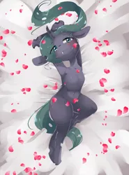 Size: 2321x3141 | Tagged: armpits, artist:yajima, bed, blushing, cute, cutealis, derpibooru import, laying on bed, looking at you, on bed, petals, queen chrysalis, snaggletooth, suggestive