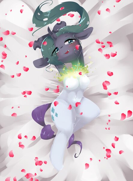 Size: 2321x3141 | Tagged: armpits, artist:yajima, bed, blushing, breasts, cute, cutealis, derpibooru import, laying on bed, looking at you, on bed, petals, queen chrysalis, rarity, shapeshifting, smiling, snaggletooth, suggestive, transformation