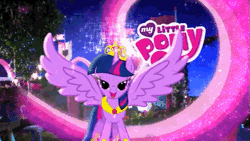 Size: 627x354 | Tagged: safe, derpibooru import, twilight sparkle, twilight sparkle (alicorn), alicorn, pony, unicorn, apotheosis, bedroom eyes, big crown thingy, commercial, cute, element of magic, flapping, happy, i love when you comb my hair, jewelry, let's fly to the castle, logo, my little pony logo, my wings are so pretty, open mouth, regalia, smiling, solo, sparkles, spread wings, stars, transformation, twiabetes, unicorn twilight, wings