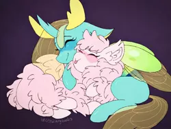 Size: 2048x1536 | Tagged: safe, artist:incendiaryboobs, derpibooru import, queen chrysalis, oc, oc:fluffle puff, changedling, changeling, a better ending for chrysalis, canon x oc, chrysipuff, cuddling, cute, cutealis, female, flufflebetes, lesbian, purified chrysalis, shipping