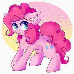 Size: 2000x2000 | Tagged: safe, artist:etoz, derpibooru import, pinkie pie, earth pony, pony, abstract background, blue eyes, chest fluff, colored pupils, cute, diapinkes, ear fluff, eyebrows, female, gradient background, happy, mare, smiling, solo, wingding eyes