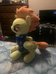 Size: 3024x4032 | Tagged: safe, artist:undeadponysoldier, derpibooru import, photographer:undeadponysoldier, spitfire, pegasus, pony, bed, drawer, female, irl, mare, photo, plushie, solo, television