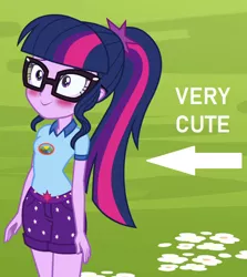 Size: 676x758 | Tagged: safe, derpibooru import, edit, edited screencap, screencap, sci-twi, twilight sparkle, equestria girls, legend of everfree, adorkable, arrow, blushing, captain obvious, caption, cropped, cute, dork, image macro, solo, text, truth, twiabetes