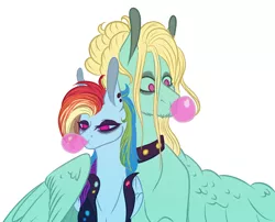 Size: 1978x1597 | Tagged: safe, artist:luna dave, derpibooru import, rainbow dash, zephyr breeze, pegasus, pony, alternate hairstyle, badass, choker, ear piercing, eyeliner, eyeshadow, female, lidded eyes, makeup, male, mare, no pupils, piercing, punk, shipping, simple background, spiked choker, stallion, straight, white background, zephdash