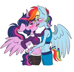 Size: 1200x1164 | Tagged: suggestive, artist:tylerdashart, derpibooru import, rainbow dash, twilight sparkle, twilight sparkle (alicorn), alicorn, anthro, abs, belly button, blushing, breasts, butt touch, clothes, delicious flat chest, female, french kiss, kissing, lesbian, looking at each other, looking into each others eyes, midriff, muscles, pants, ponytail, rainbow flat, rainbuff dash, reverse trap, shipping, short shirt, sports bra, sweater, turtleneck, twidash, workout outfit, yoga pants