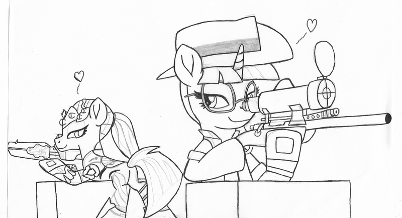 Size: 2297x1246 | Tagged: artist:ejlightning007arts, box, butt, crossover, derpibooru import, female, gun, hat, lesbian, overwatch, plot, ponytail, rifle, safe, shipping, sniper, sniper rifle, sunglasses, team fortress 2, tempestlight, tempest shadow, twilight sniper, twilight sparkle, weapon, widowmaker, widowtempest