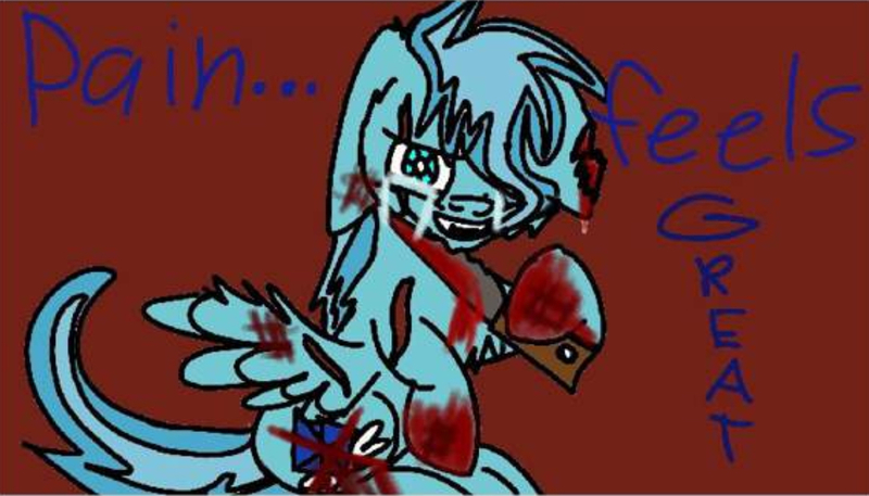 Size: 1084x619 | Tagged: grimdark, artist:christle-flyer-ssl, derpibooru import, oc, oc:christle flyer, pegasus, pony, bleeding, blood, colt, crying, crystal eyes, floppy ears, knife, male, red background, saw, self harm, simple background, sitting, smiling, wings, wings down