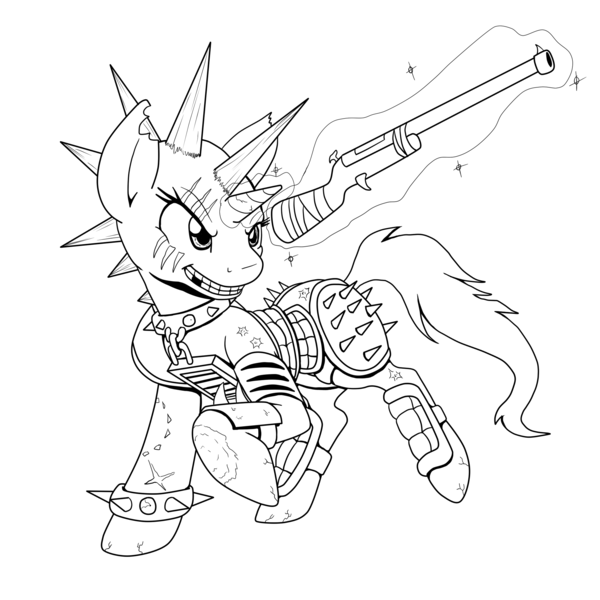 Size: 2000x2000 | Tagged: safe, artist:demon-keychain, derpibooru import, oc, unofficial characters only, pony, unicorn, fallout equestria, armor, eye scar, glowing horn, grin, gun, horn, lineart, magic, monochrome, raider, raised hoof, scar, simple background, smiling, telekinesis, unicorn oc, weapon, white background