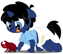 Size: 7000x6000 | Tagged: safe, artist:evilfrenzy, derpibooru import, oc, oc:frenzy, unofficial characters only, anthro, beetle, insect, unguligrade anthro, unicorn, age regression, baby, diaper, foal, solo, tongue out