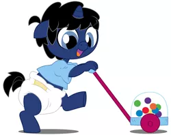 Size: 7568x6000 | Tagged: safe, artist:evilfrenzy, derpibooru import, oc, oc:frenzy, unofficial characters only, anthro, unguligrade anthro, unicorn, age regression, baby, diaper, foal, rugrats, solo, toy