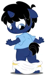 Size: 3704x6000 | Tagged: safe, artist:evilfrenzy, derpibooru import, oc, oc:frenzy, unofficial characters only, anthro, unguligrade anthro, unicorn, age regression, baby, butt, diaper, foal, plot, rugrats, solo, wardrobe malfunction