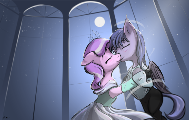 Size: 2327x1477 | Tagged: safe, artist:kam, deleted from derpibooru, derpibooru import, diamond tiara, oc, oc:nightingale, bat pony, pony, beauty and the beast, canon x oc, clothes, cute, dress, fanfic art, jewelry, moon, moonlight, tiara, waltz, wings