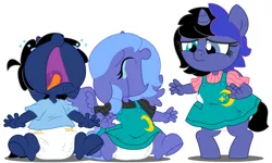 Size: 10000x6000 | Tagged: safe, artist:evilfrenzy, derpibooru import, princess luna, oc, oc:cruithne, oc:frenzy, alicorn, anthro, unguligrade anthro, unicorn, age regression, alicorn oc, anthro oc, baby, crying, diaper, female, foal, heterochromia, horn, image, offspring, parent:oc:frenzy, parent:princess luna, parents:canon x oc, png, rugrats, trio, wings, woona, younger