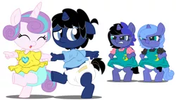 Size: 10600x6000 | Tagged: safe, artist:evilfrenzy, derpibooru import, princess flurry heart, princess luna, oc, oc:cruithne, oc:frenzy, alicorn, anthro, unguligrade anthro, unicorn, age regression, angry, anthro oc, baby, diaper, female, foal, image, jealous, offspring, parent:oc:frenzy, parent:princess luna, parents:canon x oc, png, rugrats, woona, younger