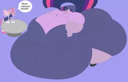 Size: 1920x1238 | Tagged: suggestive, artist:two-ton-neko, derpibooru import, princess cadance, twilight sparkle, anthro, plantigrade anthro, absurd resolution, belly, big belly, big breasts, big tail, breasts, busty twilight sparkle, butt, cleavage, demanding, dialogue, fat, fat fetish, fetish, hips, huge belly, huge breasts, huge butt, hyper, hyper belly, hyper breasts, hyper butt, impossibly large belly, impossibly large breasts, impossibly large butt, large butt, purple background, simple background, table, tight clothing, twilard sparkle, weight gain, wide hips, word balloon