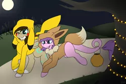 Size: 5400x3600 | Tagged: safe, artist:melonzy, derpibooru import, oc, oc:melon sweet, oc:rune, unofficial characters only, eevee, pikachu, pony, brown mane, candy, clothes, costume, dusk, female, filly, food, friendship, full moon, green eyes, halloween, happy, holiday, long tail, moon, one eye closed, open mouth, pokémon, purple mane, smiling, string lights, sweatshirt, trail, tree