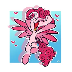Size: 1500x1500 | Tagged: safe, artist:lou, derpibooru import, pinkie pie, pegasus, pony, leak, spoiler:g5, abstract background, cheering, cute, dappled, diapinkes, eyes closed, female, flying, g5, happy, heart, mare, open mouth, pegasus pinkie pie, pinkie pie (g5), race swap, shadow, smiling, solo, spread wings, wings