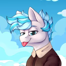 Size: 1000x1000 | Tagged: safe, artist:cleoziep, derpibooru import, oc, oc:dazzleflash, unofficial characters only, pegasus, pony, :p, clothes, jacket, solo, tongue out