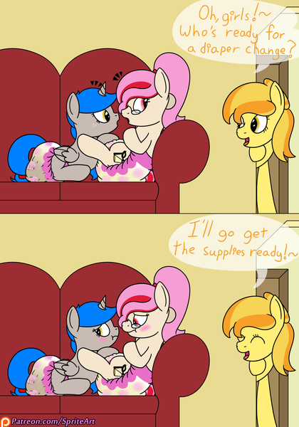 Size: 1400x2000 | Tagged: questionable, artist:spritepony, derpibooru import, oc, oc:sprite, oc:sweet apple harvest, oc:understudy, unofficial characters only, pony, :o, adult foal, blushing, comic, couch, cuddling, cute, diaper, diaper fetish, female, fetish, guilty, hooves behind head, lesbian, lying down, messy diaper, ocbetes, open mouth, patreon, patreon link, patreon logo, peeking in, poopy diaper, relaxing, scrunchy face, shipping, smiling, speech, speech bubble, sprite's ponyville house, talking, wet diaper