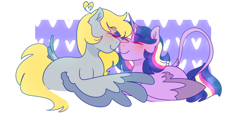 Size: 1280x641 | Tagged: safe, artist:cubbybatdoodles, derpibooru import, derpy hooves, ditzy doo, twilight sparkle, twilight sparkle (alicorn), alicorn, pegasus, pony, boop, eyes closed, female, leonine tail, lesbian, mare, noseboop, nuzzling, prone, shipping, simple background, transparent background, twerpy