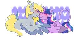 Size: 1280x641 | Tagged: safe, artist:cubbybatdoodles, derpibooru import, derpy hooves, ditzy doo, twilight sparkle, twilight sparkle (alicorn), alicorn, pegasus, pony, boop, eyes closed, female, leonine tail, lesbian, mare, noseboop, nuzzling, prone, shipping, simple background, transparent background, twerpy