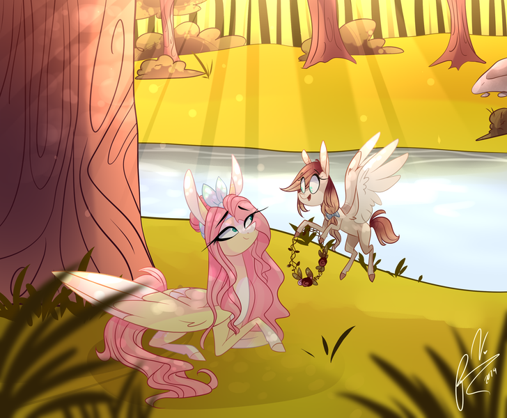 Size: 2780x2292 | Tagged: safe, artist:iheyyasyfox, derpibooru import, fluttershy, oc, oc:cindy fugax, pony, crepuscular rays, female, filly, floral head wreath, flower, forest, mother and child, mother and daughter, offspring, parent:bulk biceps, parent:fluttershy, parents:flutterbulk, prone, river, tree